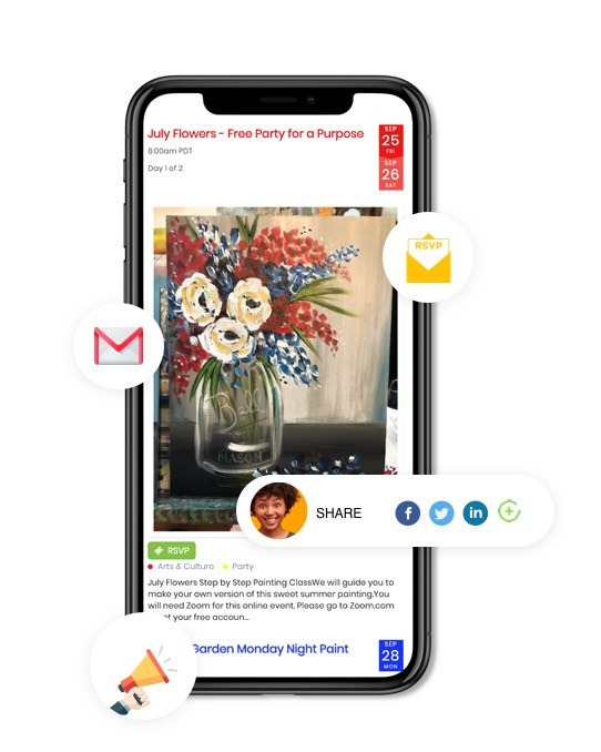 mobile view of timely events calendar software with events being promoted on social media and newsletter