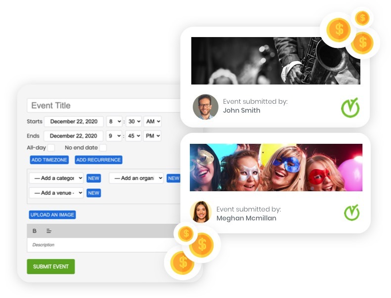 timely event calendaring software front end submission with events being submitted by the community