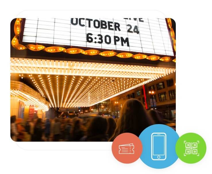 Crowded theatre entrance after patrons purchased tickets with timely ticketing system