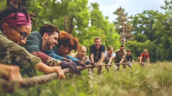 Gruppe von Mitarbeitern während einer Teambuilding-Aktivität im Freien