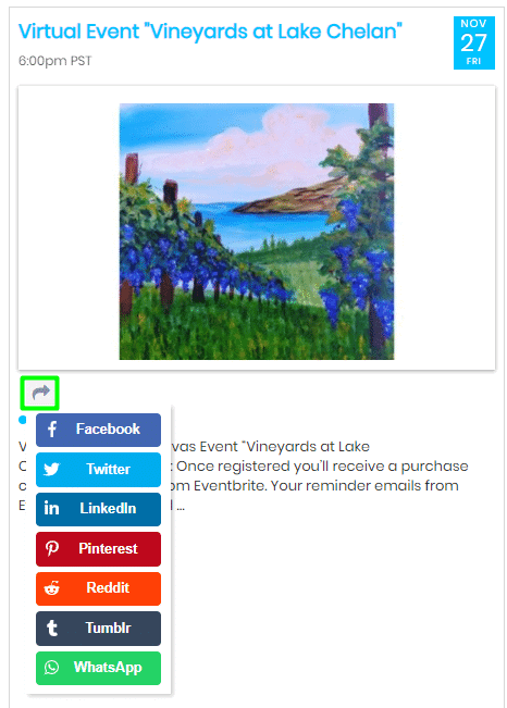 print screen showing an event description with updated feature social media share buttons