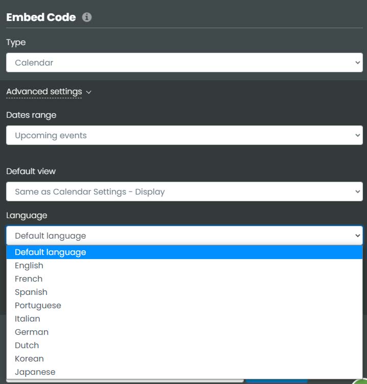 print screen of the Embed Code setting where you can set a different language than the default language of the Public View
