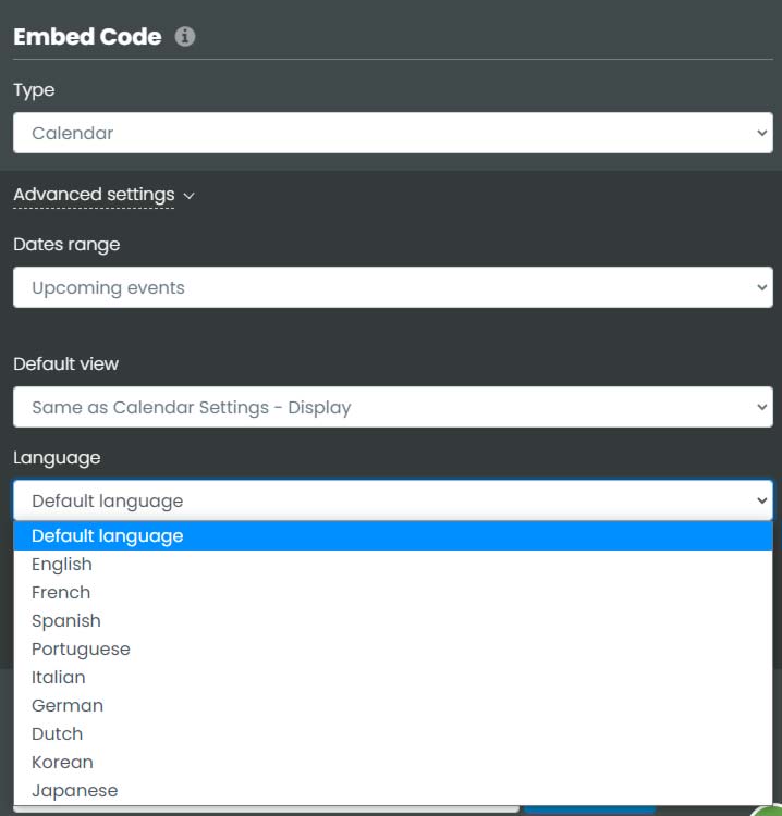 écran d'impression du paramètre Embed Code où vous pouvez définir une langue différente de la langue par défaut de la vue publique