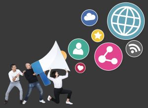 people with megaphone social media marketing icons