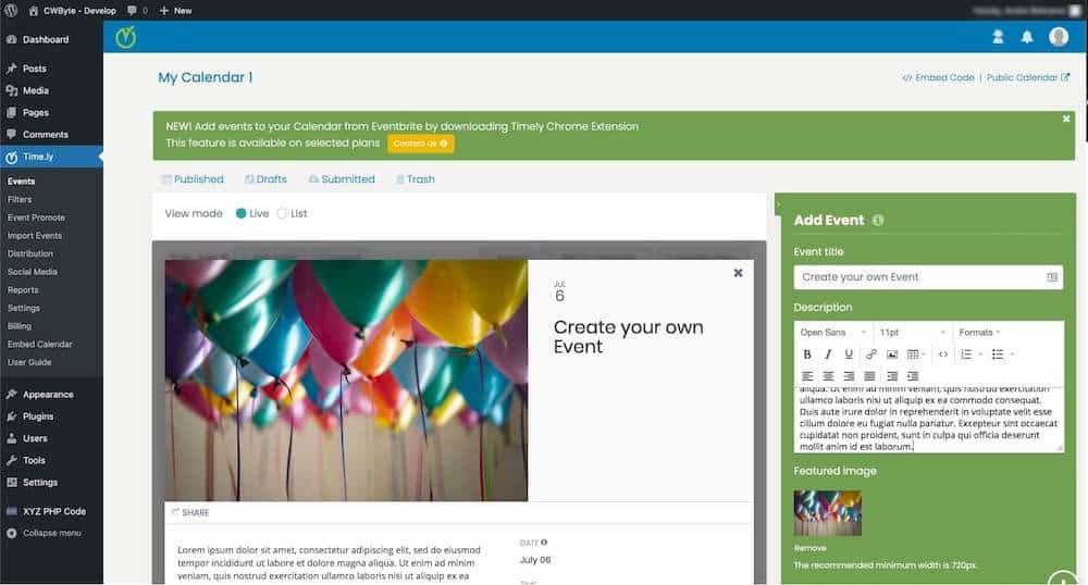 Timely alt i én begivenhedskalender wordpress plugin begivenheder oprettelse af admin