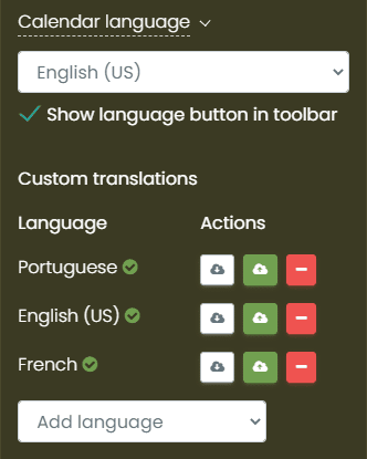 print scree of the calendar language settings for custom translations