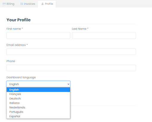 écran d'impression de toutes les langues actuellement prises en charge dans le tableau de bord