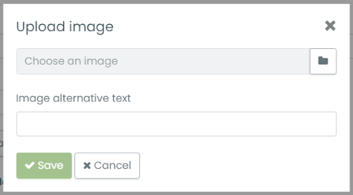 print screen of the popup where the user can add the alternative text for an image when uploading it in Timely event management dashboard