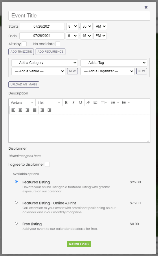 event submission form with three different options for Event Promote