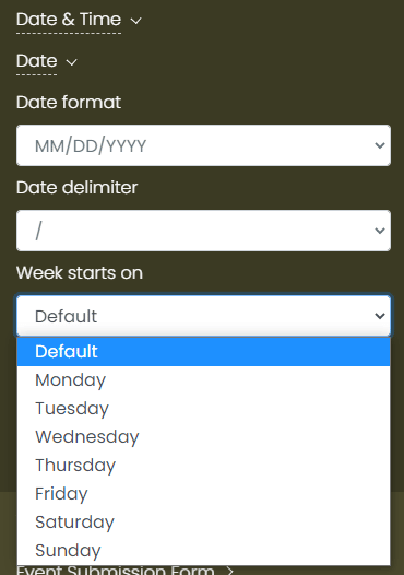 Timely tableau de bord du logiciel de gestion d'événements montrant l'option de date de début de la semaine