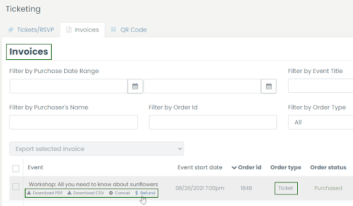 print screen of the Invoices tab with the option to cancel or refund an invoice with the order type Ticket, inside the Ticketing menu