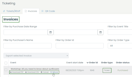 printscreen van het tabblad Facturen met de optie om een ​​factuur te annuleren of terug te betalen met het ordertype Ticket, in het menu Ticketing