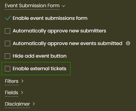 print screen of the Event Submission form options, inside the General tab in the Settings menu