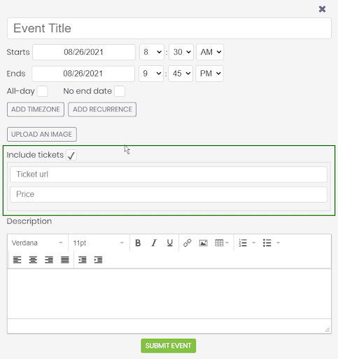  print screen of the submitter form where the submitter can check the “Include tickets” checkbox and have access to the Ticket URL and Price fields in the Public View of the calendar