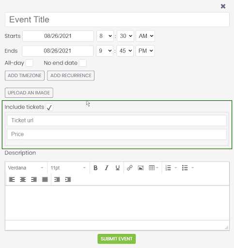 printscreen van het formulier van de indiener waar de indiener het selectievakje "Tickets opnemen" kan aanvinken en toegang heeft tot de velden Ticket-URL en Prijs in de openbare weergave van de kalender