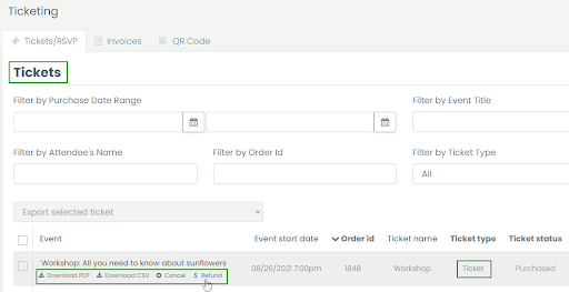 printscreen van het tabblad Tickets met de optie om een ​​individueel ticket te annuleren of terug te betalen, in het menu Ticketing