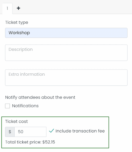 print screen of the Event Details area with the “Include transaction fee” enable
