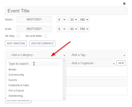 print screen of the event submission form showing the search area that enables the user to search for categories, venues, organizers, tags and custom filters in the public view of the Timely Event Management Software 