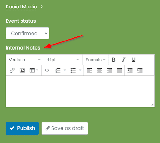 print screen of the newly added internal notes field in the Event Details in the dashboard of the Timely Event Management Software