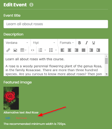 print screen of the edit button in the Event Details page that lets you change the alternative text for the featured image of your event