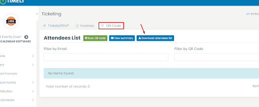 print screen of the new button called “Download attendees list” inside the Ticketing menu in the QR Code tab in the dashboard of the Timely Event Management Software