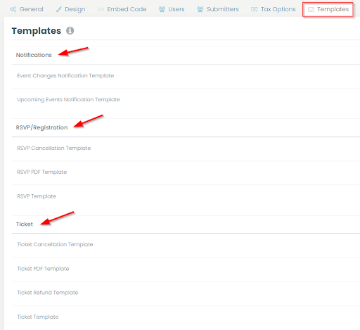 print screen of the Templates tab in the Settings menu inside of the dashboard of the Timely Event Management Software