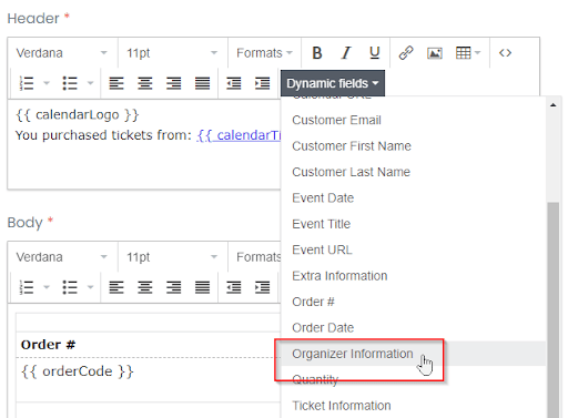 printscreen van het nieuwe dynamische veld Organizer Information