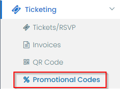 print screen of the Promotional Code item menu from the Ticketing menu