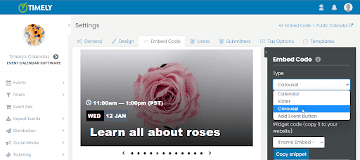 printscreen van de Embed Code-sectie van de Instellingen van de Timely Dashboard voor software voor evenementenbeheer