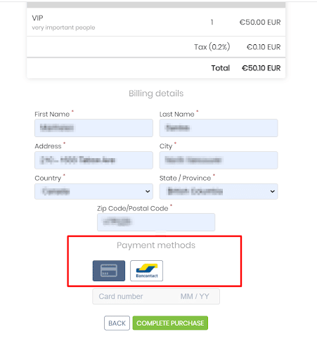 print screen of the Bancontact payment option for attendees using Stripe and EUR currency 