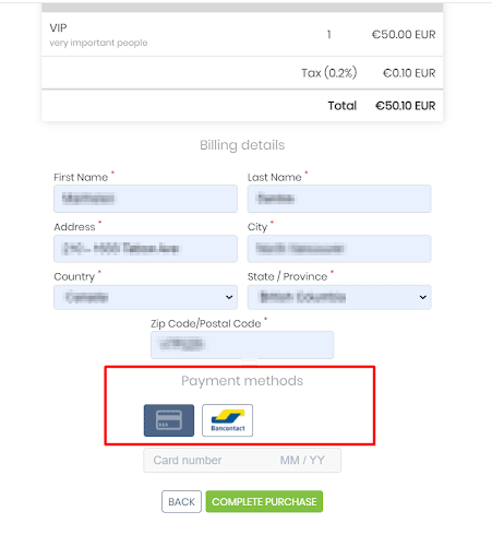 printscreen van de Bancontact-betaaloptie voor aanwezigen Stripe en EUR-valuta