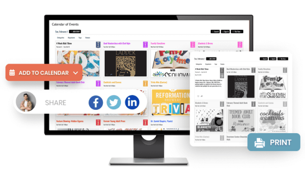 computadora con Timely software de reserva de eventos, iconos para compartir y eventos en páginas impresas
