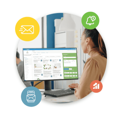 Software de reserva de eventos oportuno con conexiones fáciles con correo electrónico, confirmación de asistencia y notificaciones que promocionan eventos