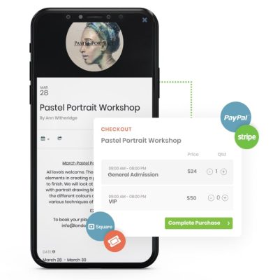 teléfono móvil con Timely opciones de pago del sistema de reserva de eventos