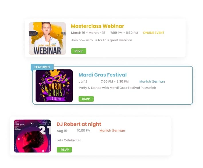Tapahtumaluettelo integroidulla online-RSVP-ohjelmistolla