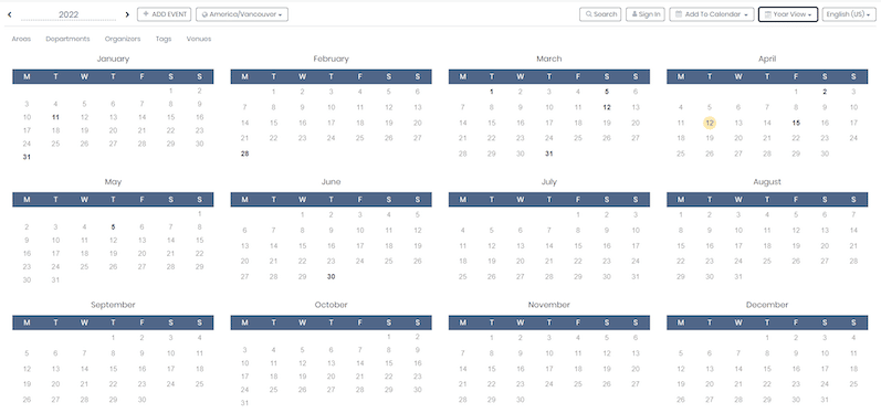 print screen of the new calendar view for Timely event software: year view