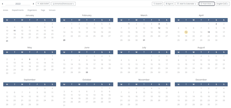 écran d'impression de la nouvelle vue du calendrier pour Timely logiciel événementiel : vue annuelle