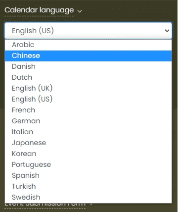 screen shot of list of public calendar languages available for timely events calendar