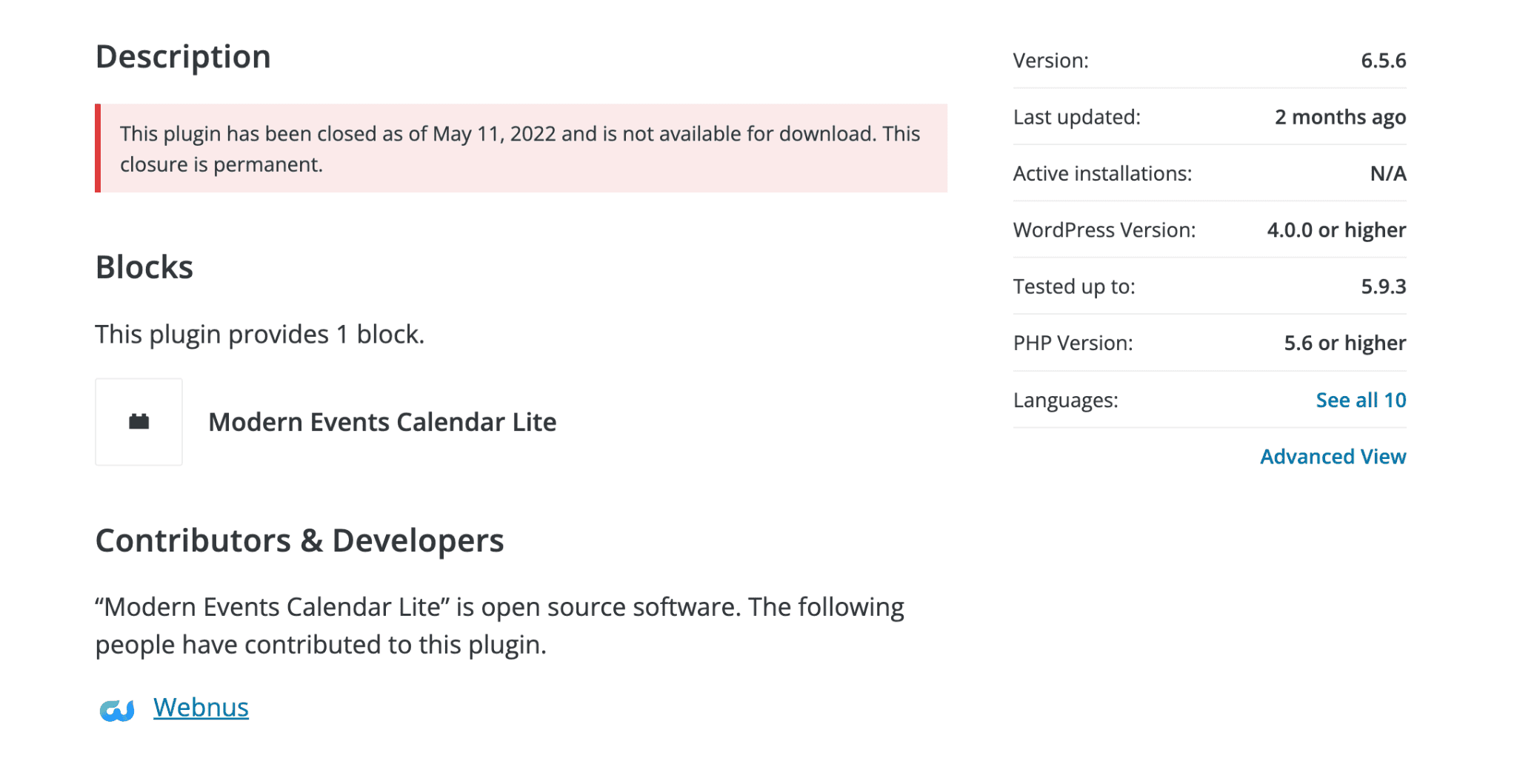 modern events calendar permanently closed from Wordpress.org in May 2022