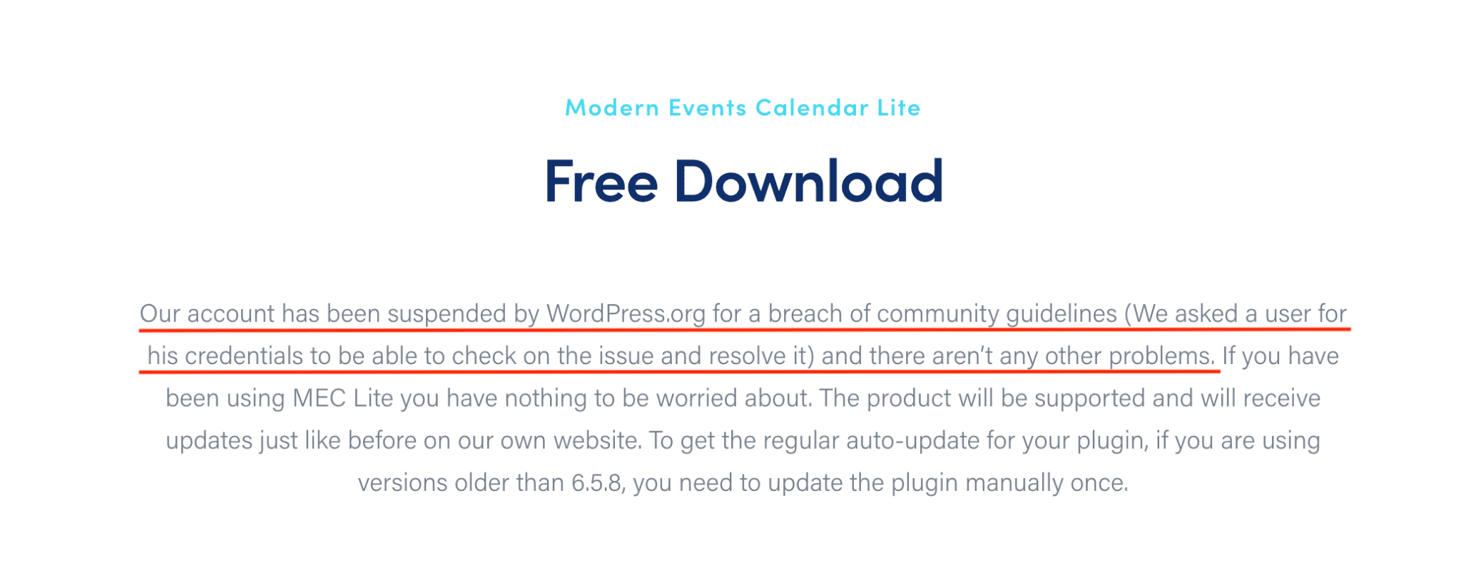 print screen of Webnus webpage explaining the reasons for the WordPress ban of their free modern events calendar lite plugin