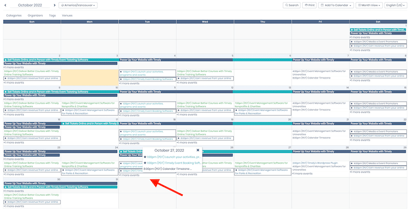 print screen of public view of Timely's month calendar view showing limit on number of events displayed