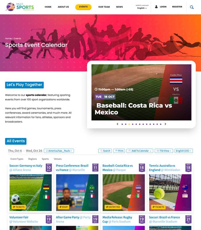 Sports Events Calendar Demo