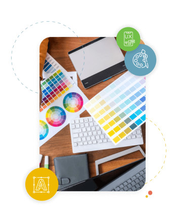 paleta de cores em uma mesa durante a implementação do calendário e serviços de personalização de design