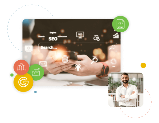 colagem de imagens de um treinador de SEO com elementos de SEO