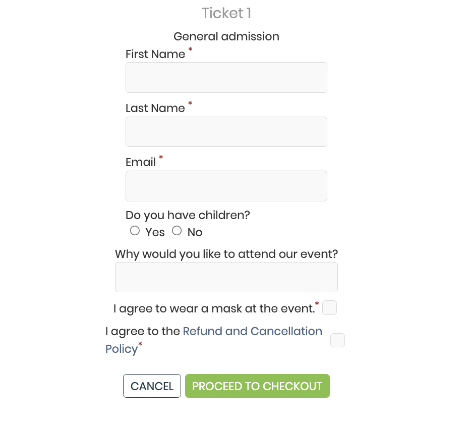 print screen of event booking form with custom questions.