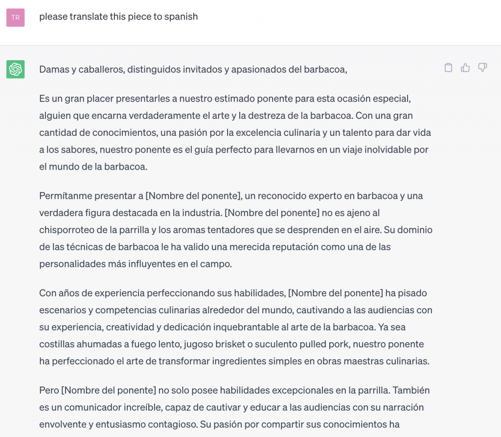 ChatGPT screenshot of translation of a text from english to spanish