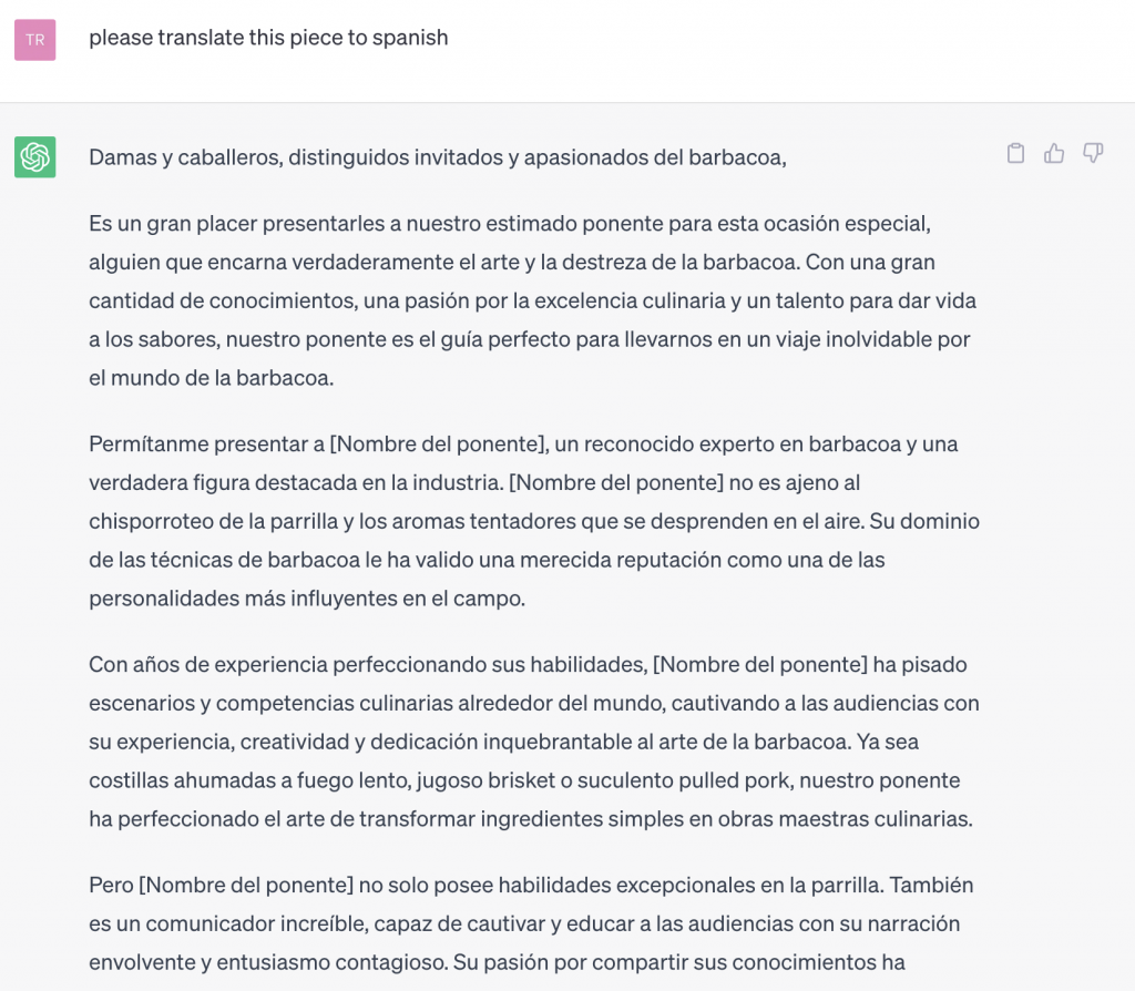 ChatGPT-kuvakaappaus tekstin käännöksestä englannista espanjaksi