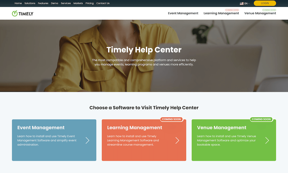 print screen of new Timely Help Center homepage
