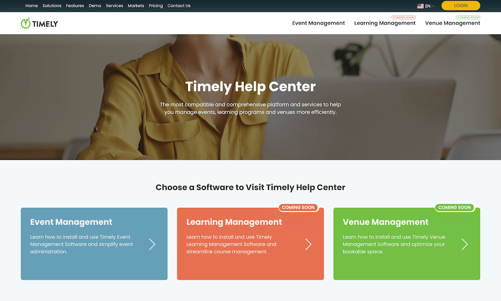 printscreen van nieuw Timely Help Center Startpagina