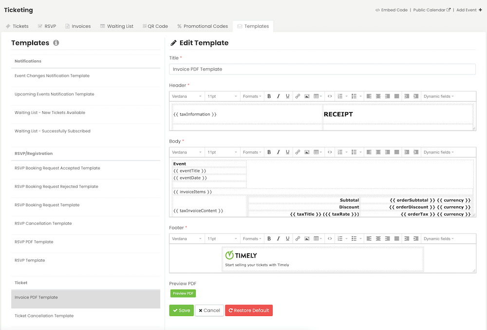 print screen of Timely event management platform showing where to customize invoices